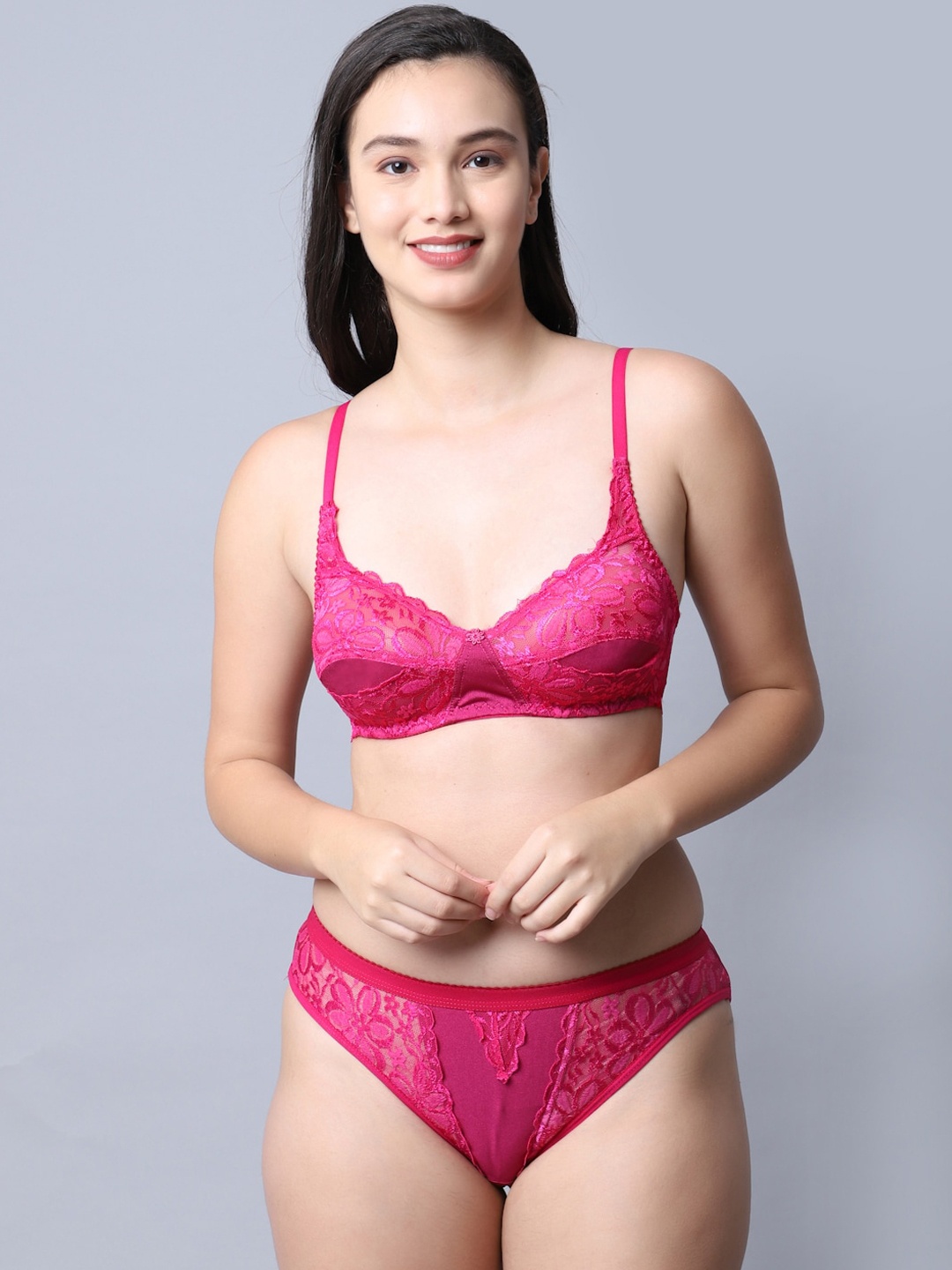 

GRACIT Women Pink Self Design Nylon With Net Lingerie set