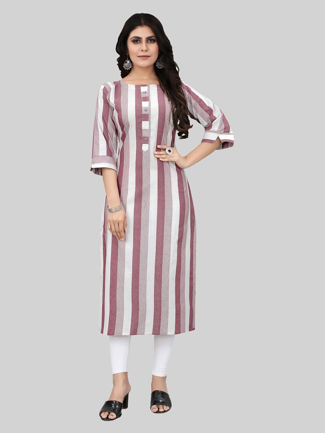 

APPLIX STYLE Women Violet & White Striped A-Line Kurta