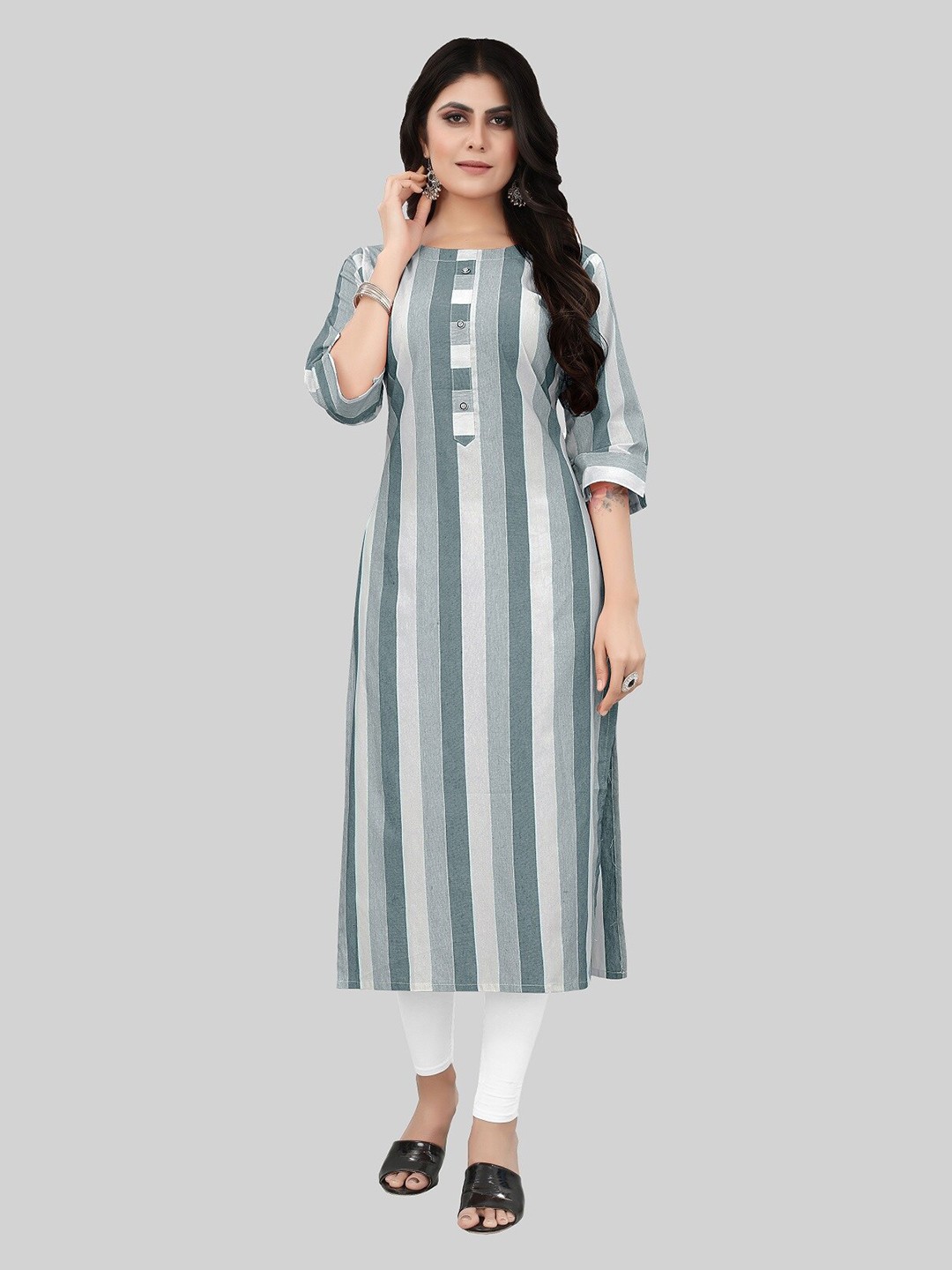 

APPLIX STYLE Women Sea Green & Off White Striped Kurta