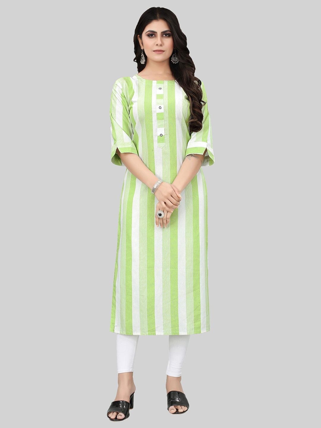 

APPLIX STYLE Women Lime Green & White Cotton Striped Kurta