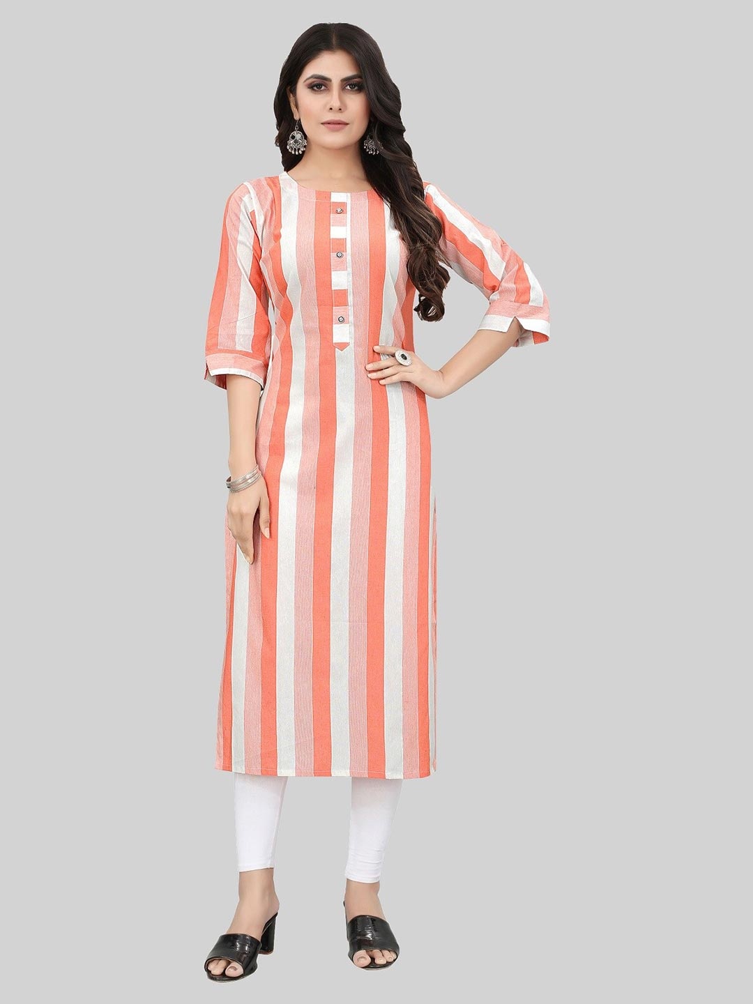 

APPLIX STYLE Women Orange & White Striped Kurta