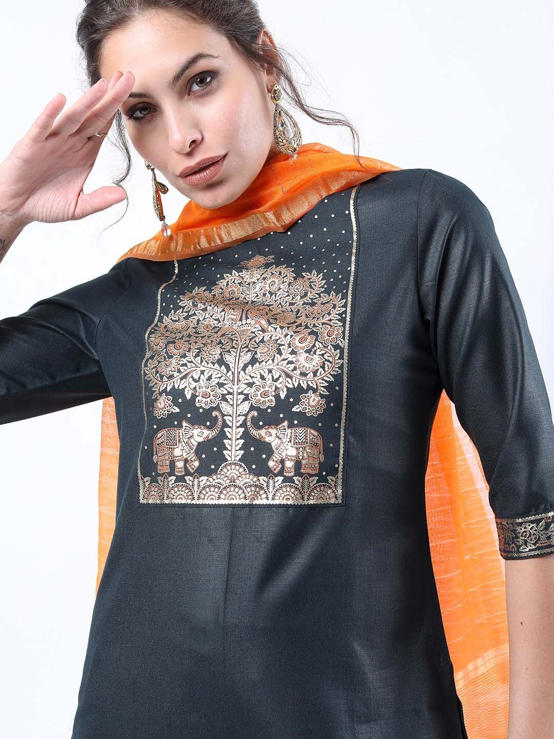 

Vishudh Women Green Floral Kurti with Palazzos and dupatta