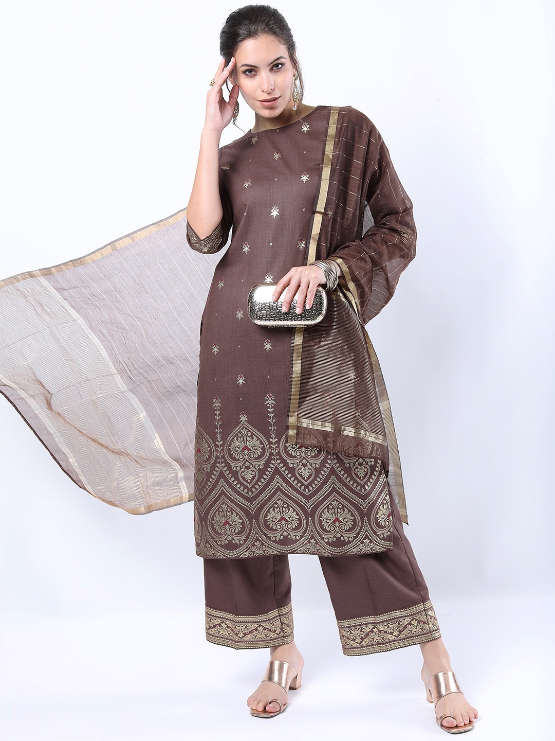 

KETCH Women Taupe Ethnic Motifs Printed Straight Kurta with Palazzos and Dupatta