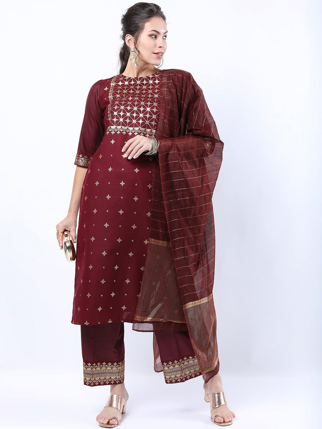 

KETCH Women Burgundy Ethnic Motifs Printed Kurta with Palazzos & With Dupatta