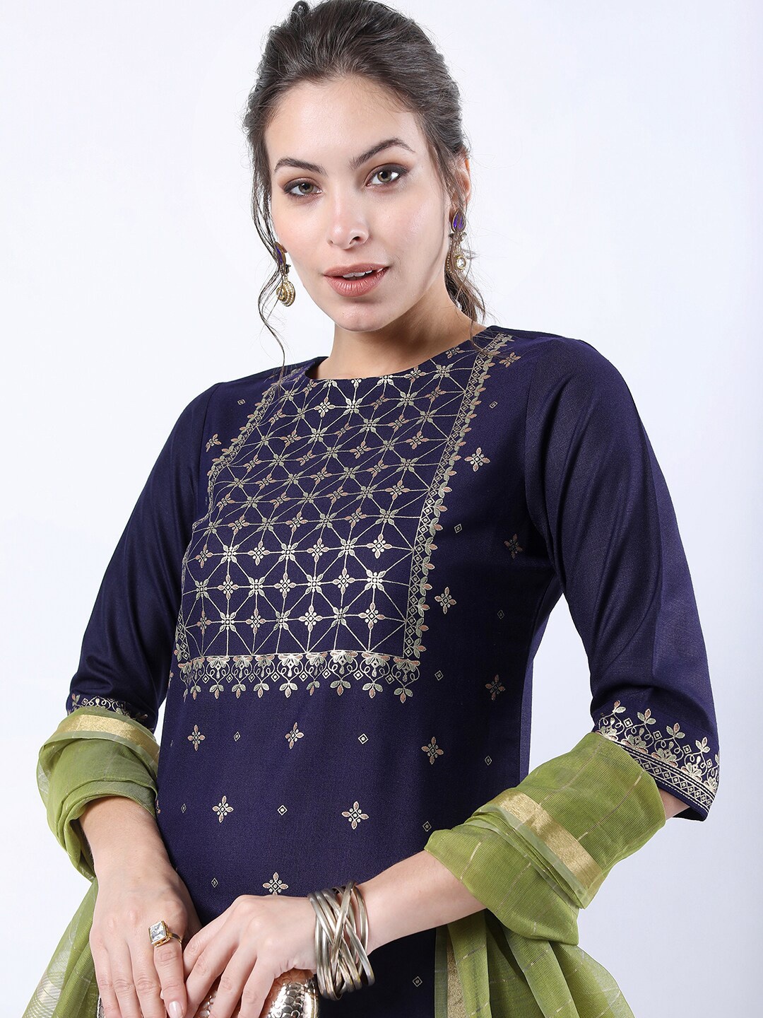 

KETCH Women Ethnic Motifs Embroidered Panelled Kurta with Palazzos & With Dupatta, Navy blue