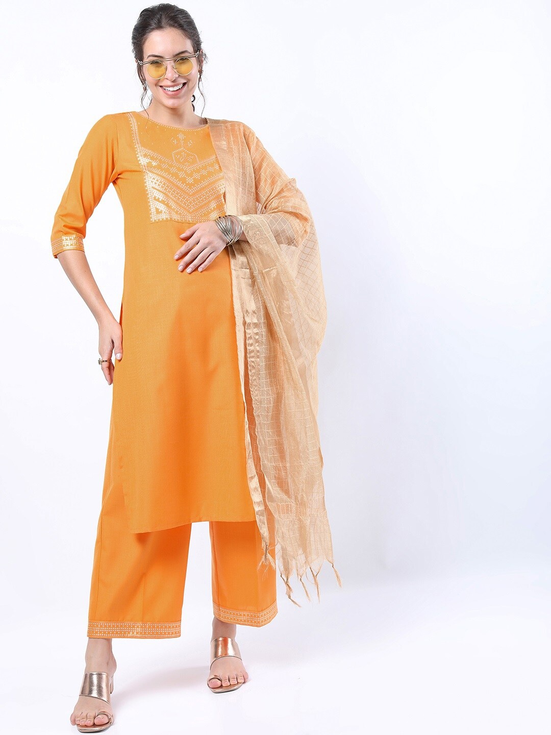 

KETCH Women Yellow Ethnic Motifs Yoke Design Kurta with Palazzos & With Dupatta