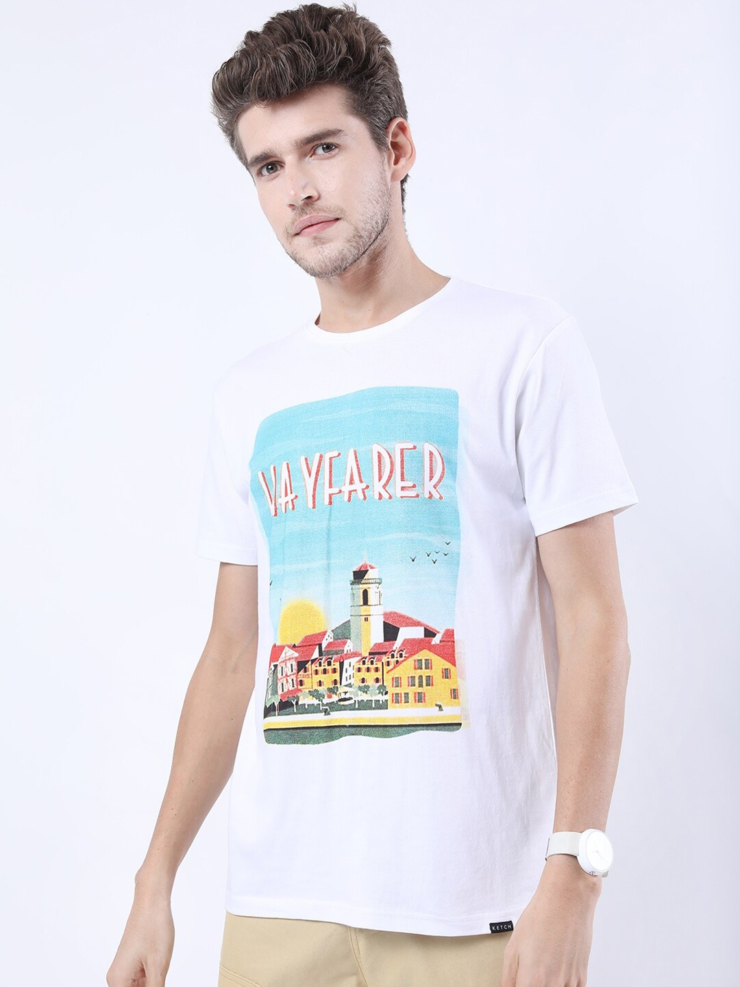 

KETCH Men White & Blue Printed Slim Fit T-shirt