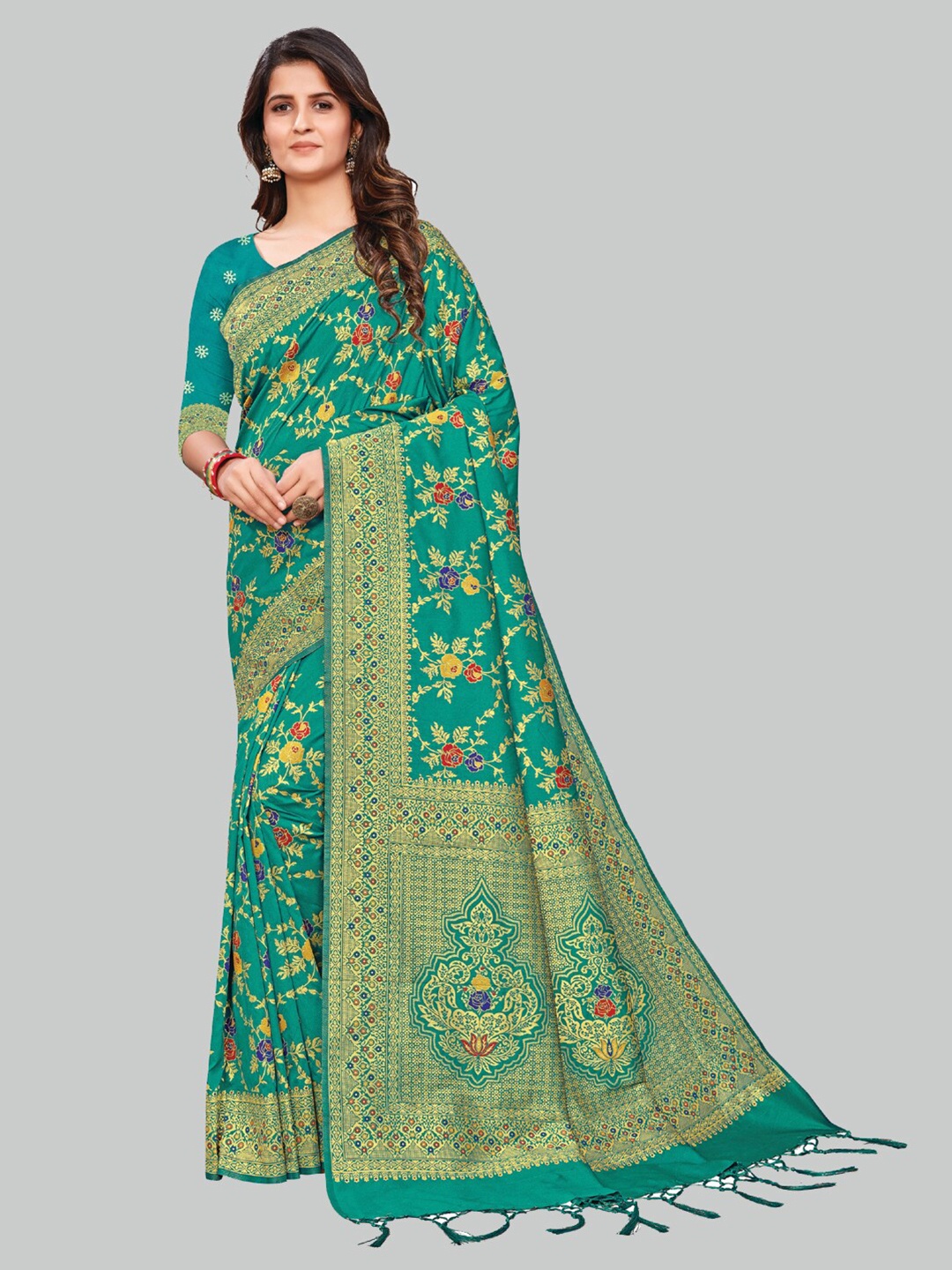 

AYKA CLOTHINGS Teal & Blue Woven Design Zari Silk Cotton Heavy Work Banarasi Saree