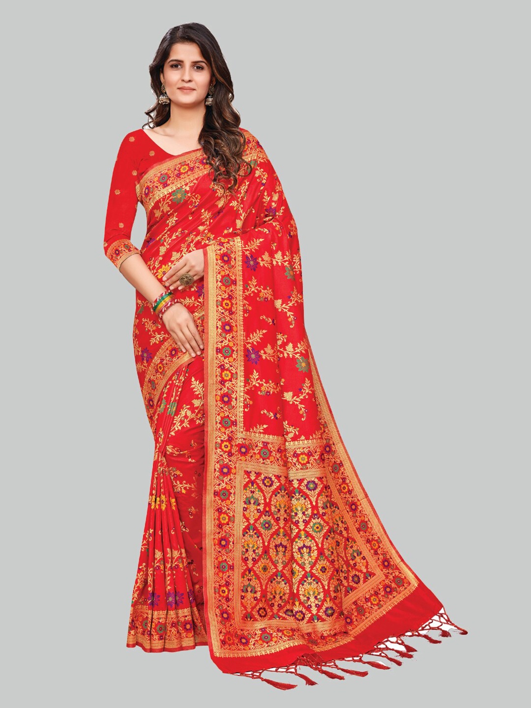 

AYKA CLOTHINGS Red & Gold-Toned Floral Zari Silk Cotton Heavy Work Banarasi Saree