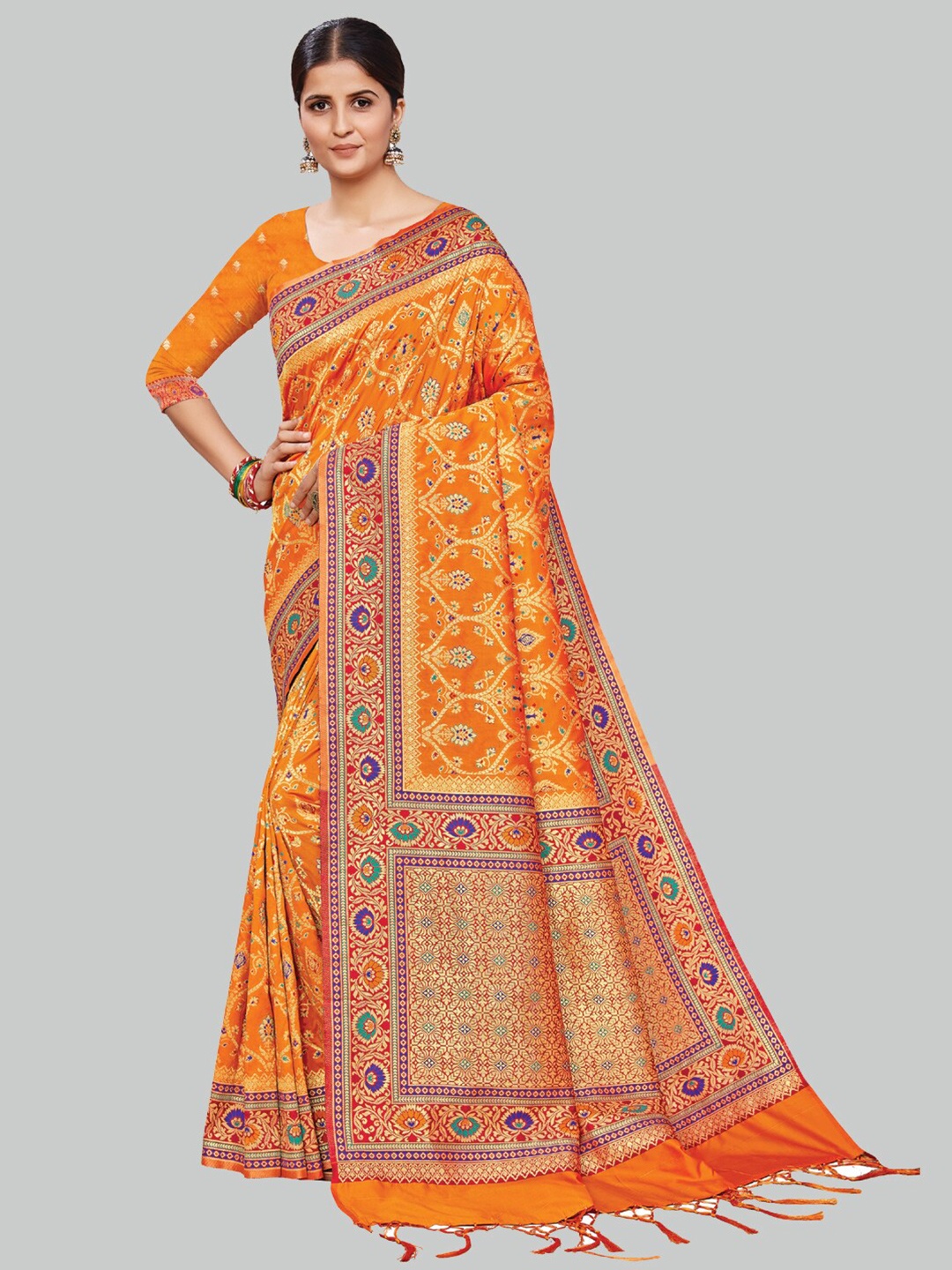 

AYKA CLOTHINGS Orange & Gold-Toned Embellished Zari Silk Cotton Heavy Work Banarasi Saree