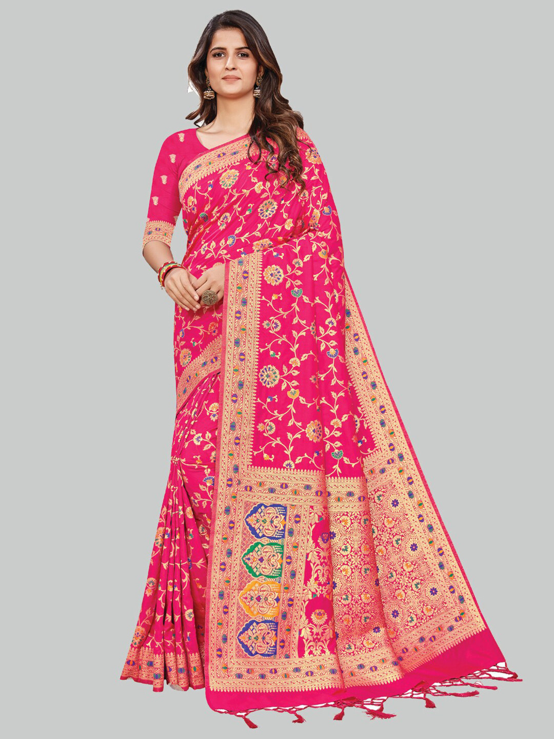 

AYKA CLOTHINGS Pink & Gold-Toned Ethnic Motifs Zari Silk Cotton Heavy Work Banarasi Saree