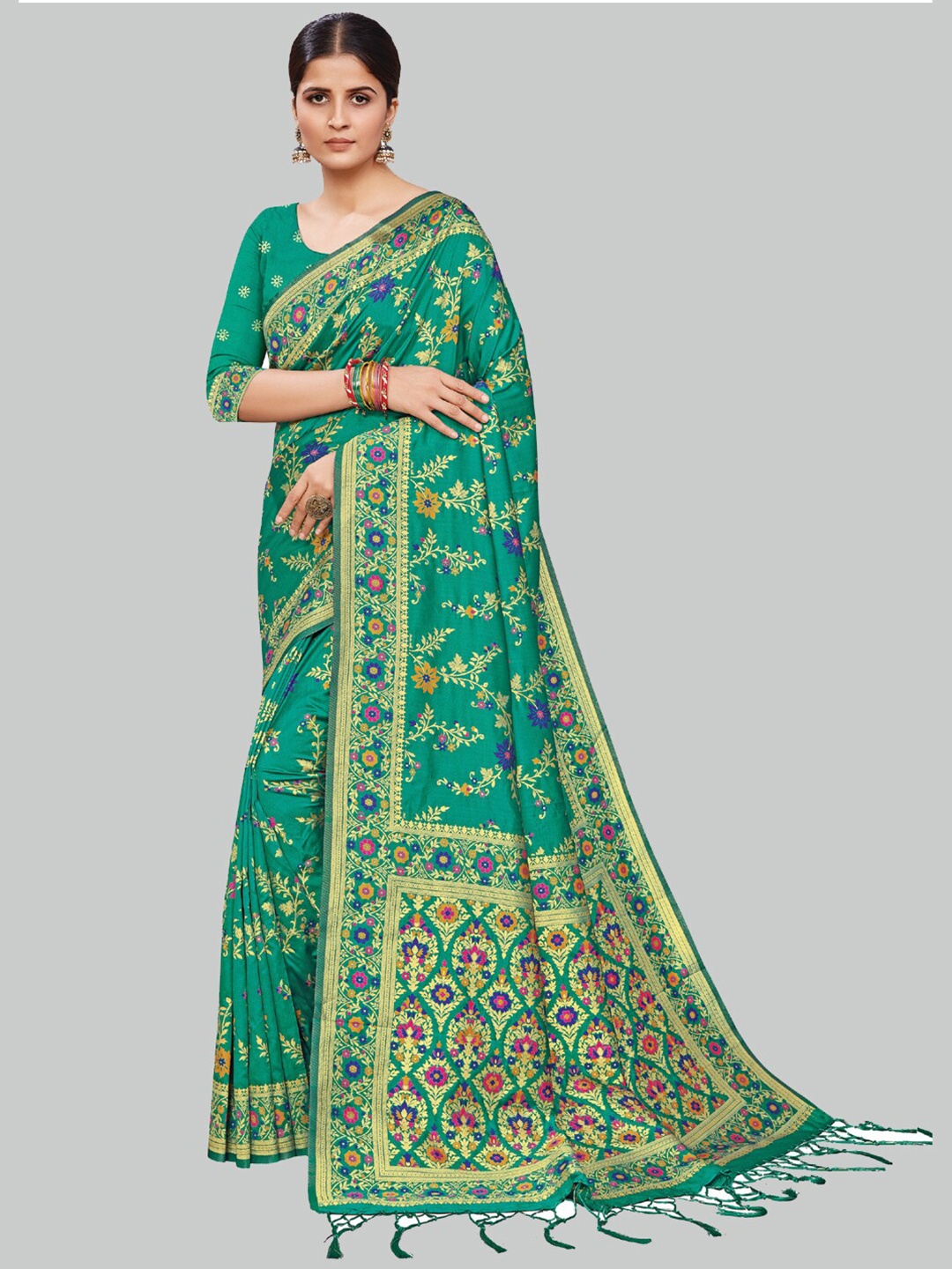 

AYKA CLOTHINGS Teal & Gold-Toned Floral Zari Silk Cotton Heavy Work Banarasi Saree