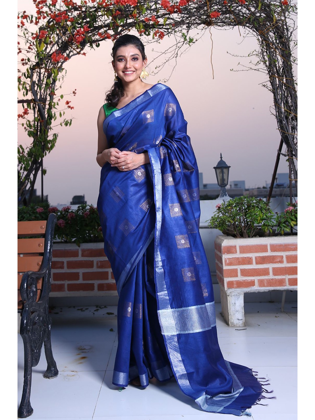 

Charukriti Blue & Silver-Toned Woven Design Zari Silk Blend Saree