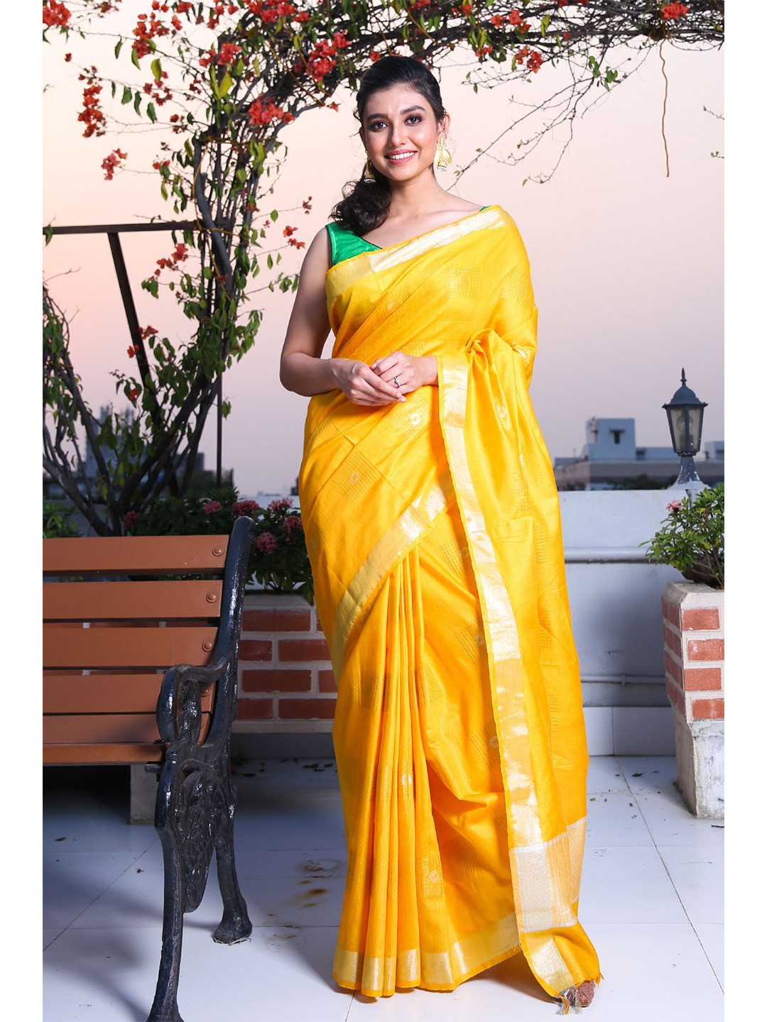 

Charukriti Yellow & Gold-Toned Woven Design Zari Silk Blend Saree
