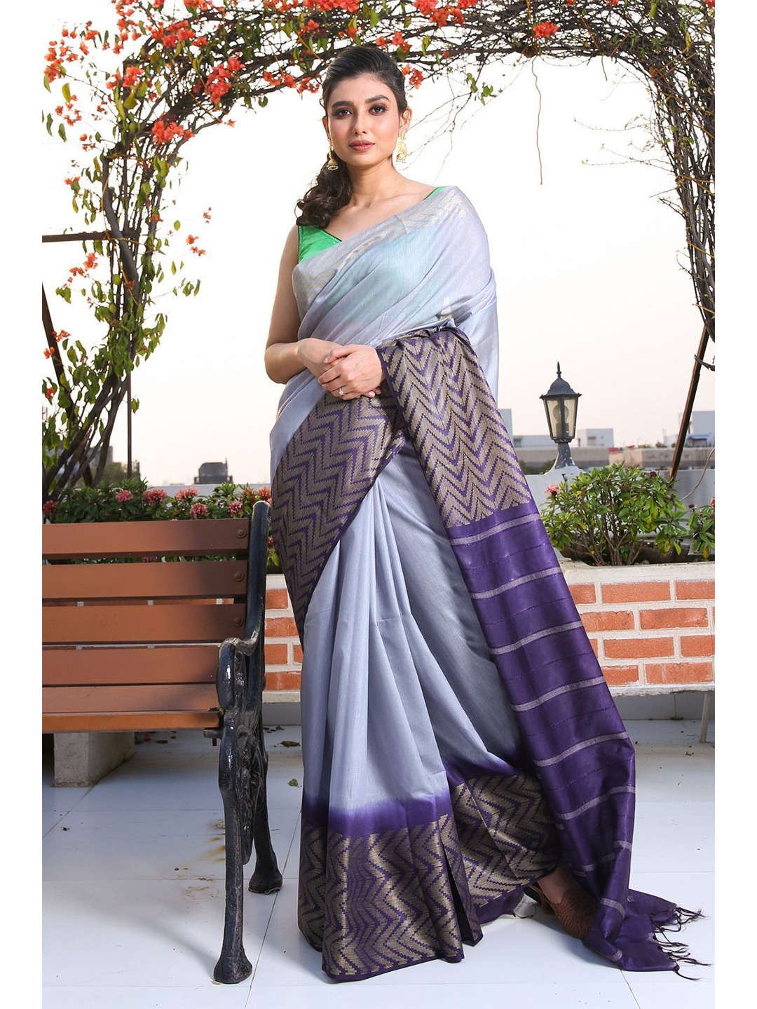 

Charukriti Blue & Violet Woven Design Silk Blend Saree