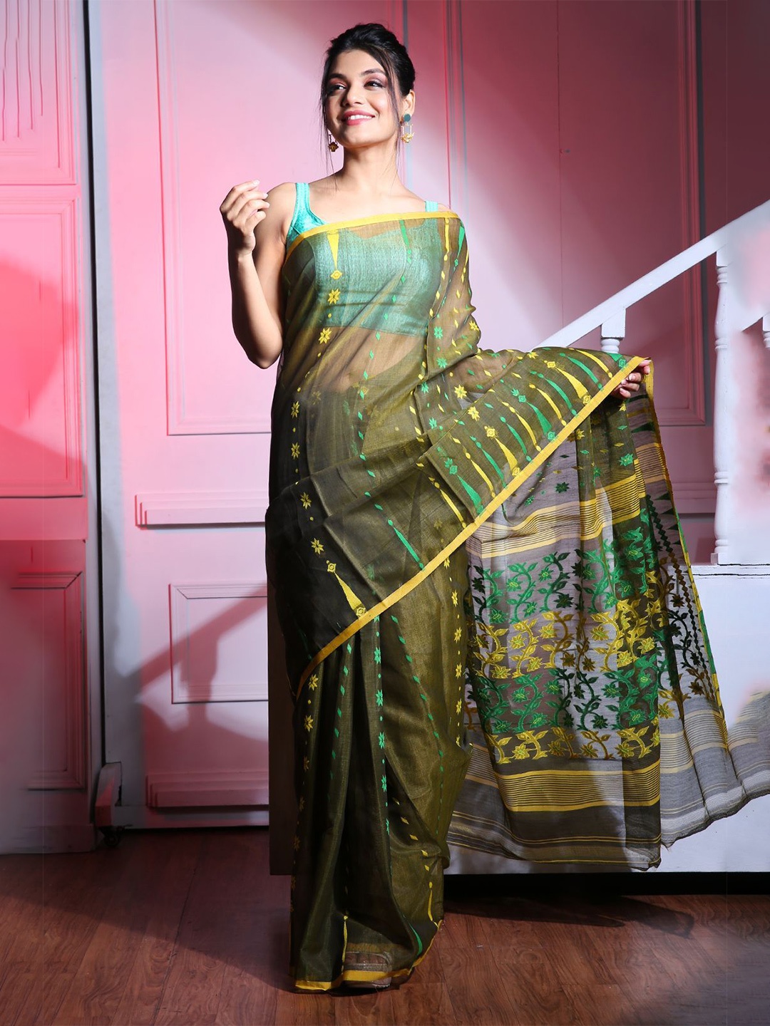 

Charukriti Green & Yellow Floral Silk Cotton Jamdani Saree