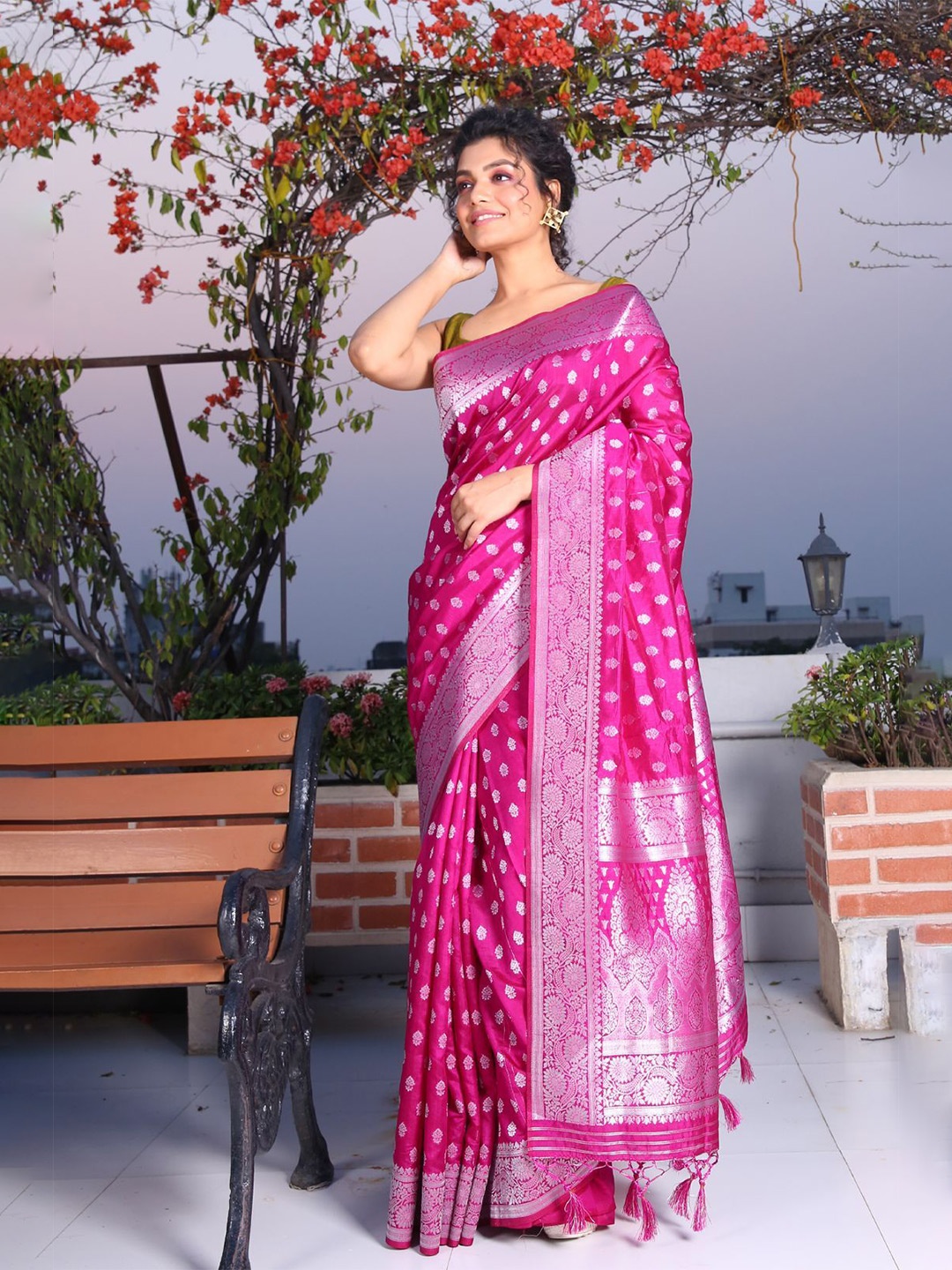 

Charukriti Magenta & Silver-Toned Woven Design Zari Brocade Saree