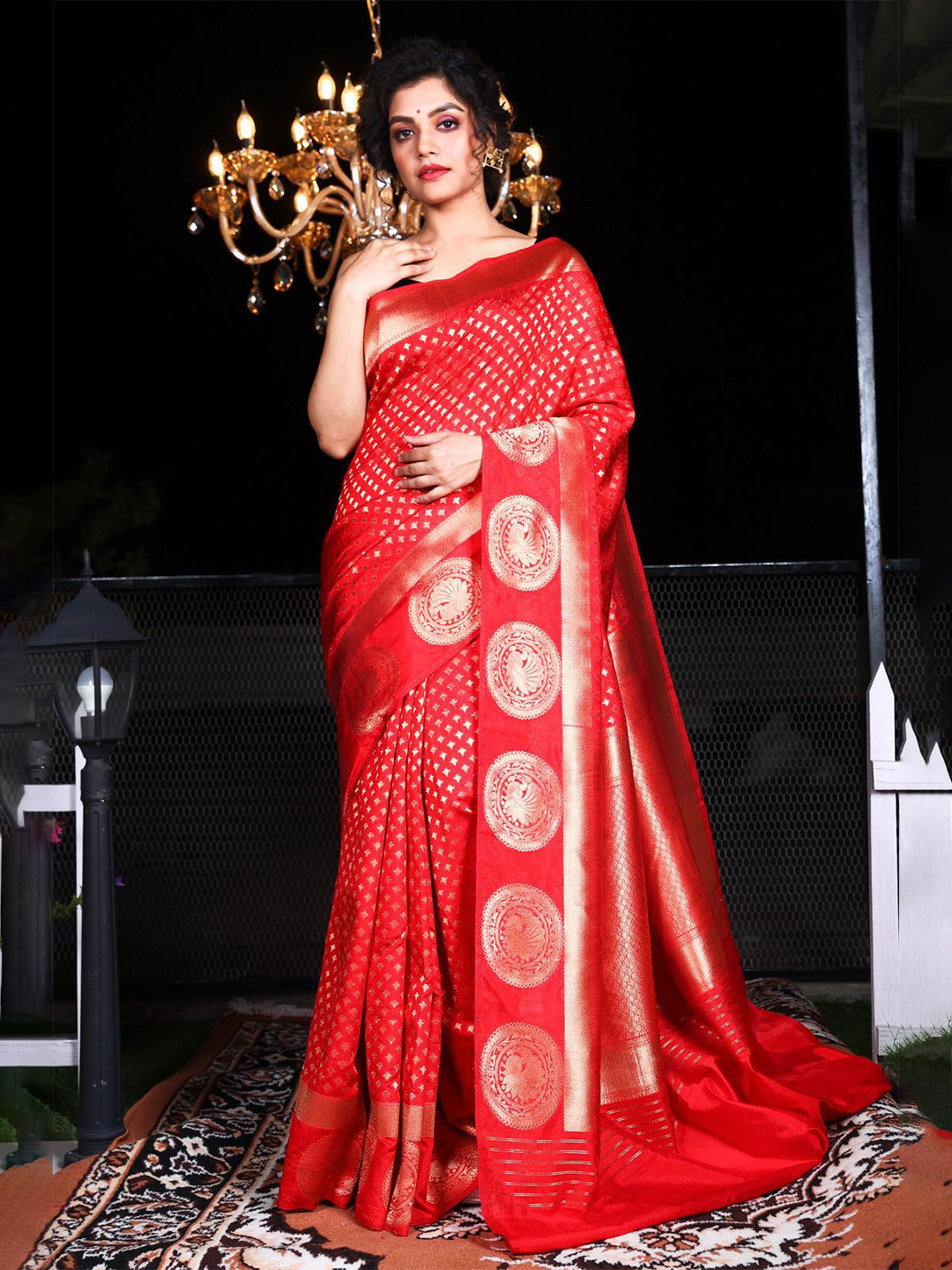 

Charukriti Red & Gold-Toned Woven Design Zari Brocade Saree