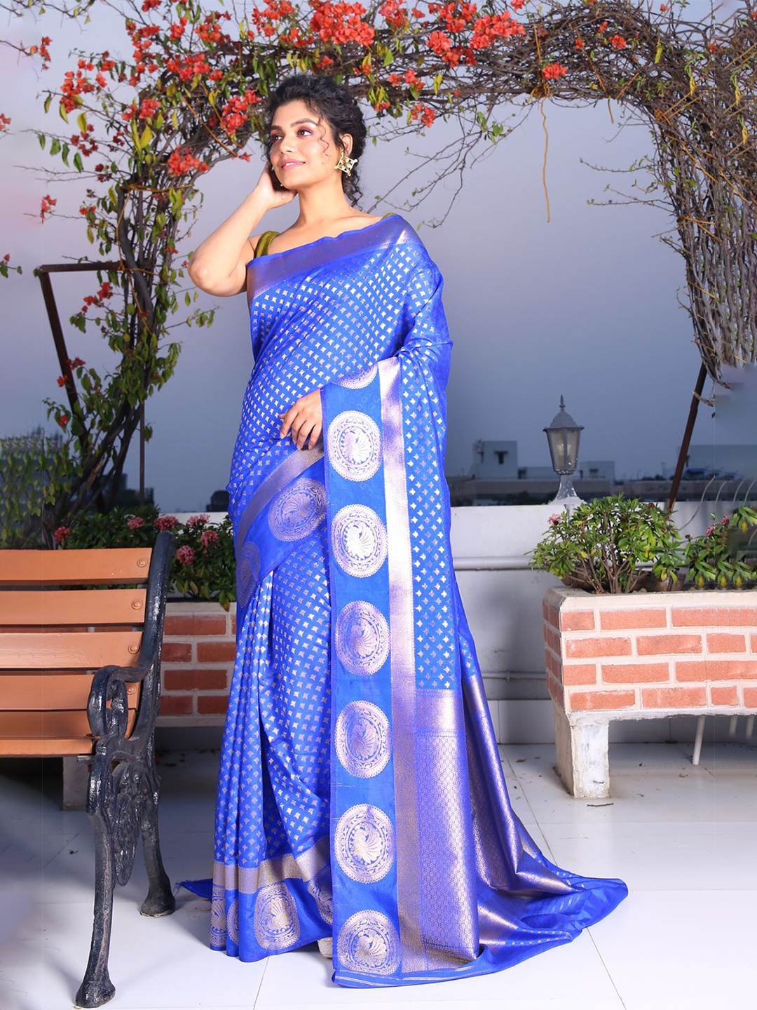 

Charukriti Women Blue & Silver-Toned Woven Design Zari Brocade Saree