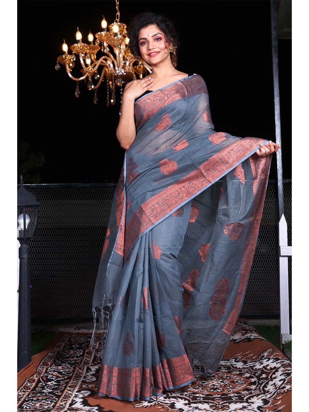 

Charukriti Women Grey & Copper-Toned Woven Design Zari Silk Blend Saree