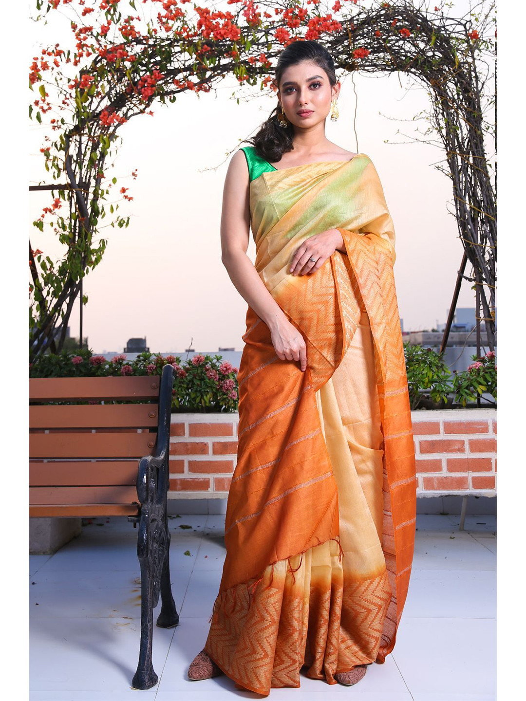 

Charukriti Beige & Orange Woven Design Zari Silk Blend Saree