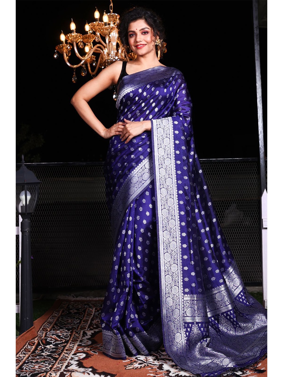

Charukriti Blue & Silver-Toned Ethnic Motifs Woven Design Zari Brocade Saree