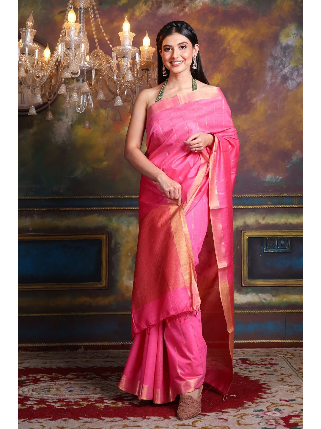 

Charukriti Pink & Gold-Toned Woven Design Zari Silk Blend Saree