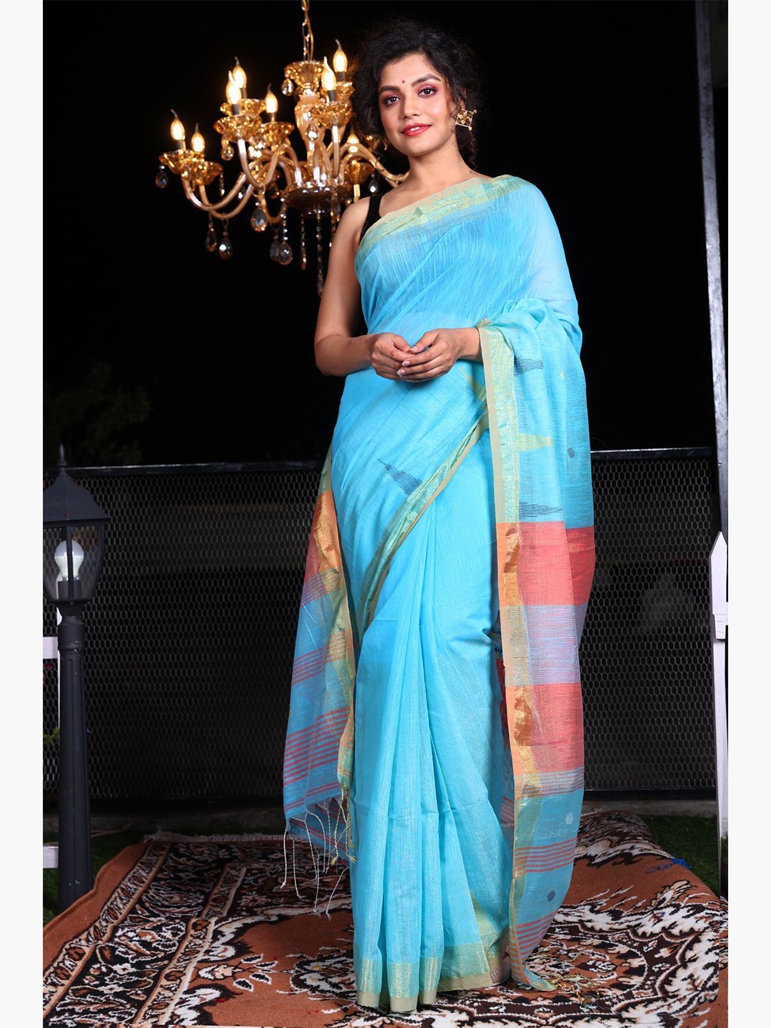 

Charukriti Blue & Pink Woven Design Zari Saree