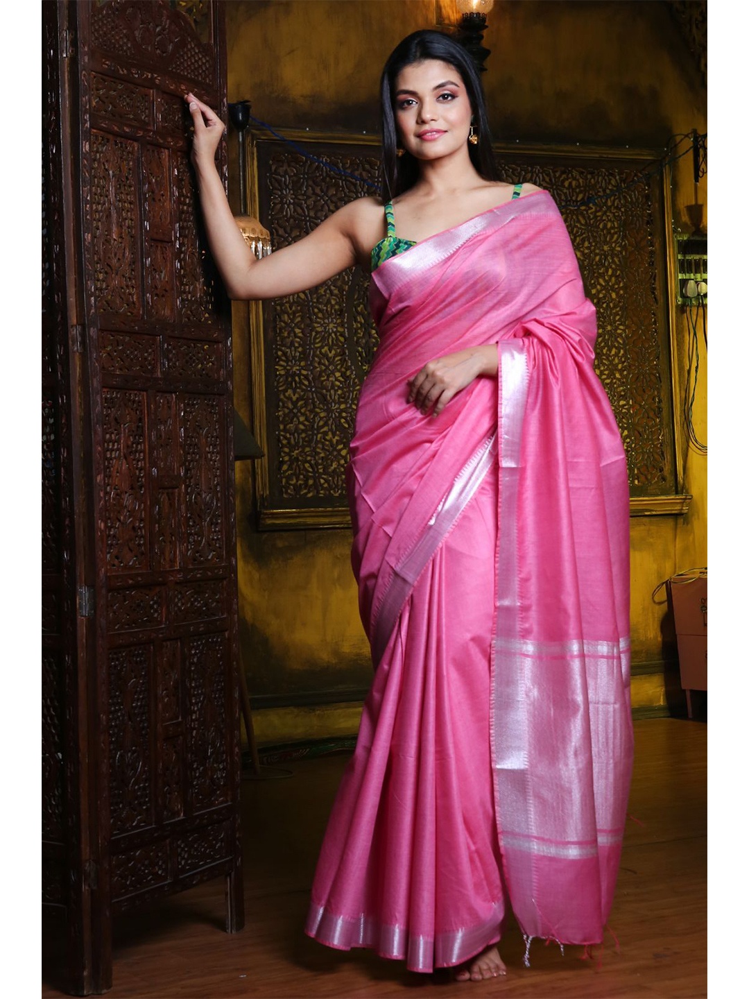 

Charukriti Pink & Silver-Toned Woven Design Zari Silk Blend Saree