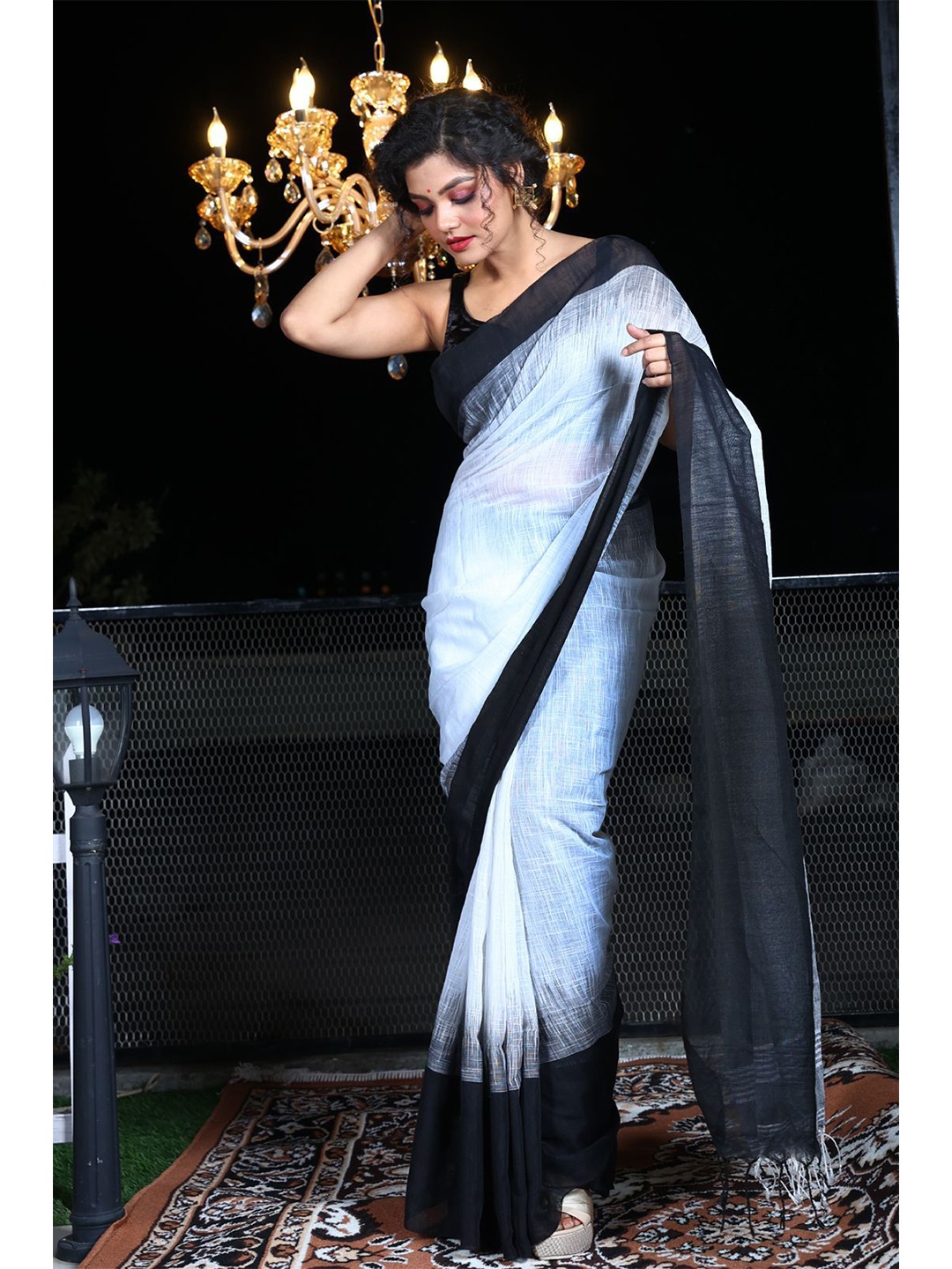 

Charukriti White & Black Woven Design Pure Cotton Saree