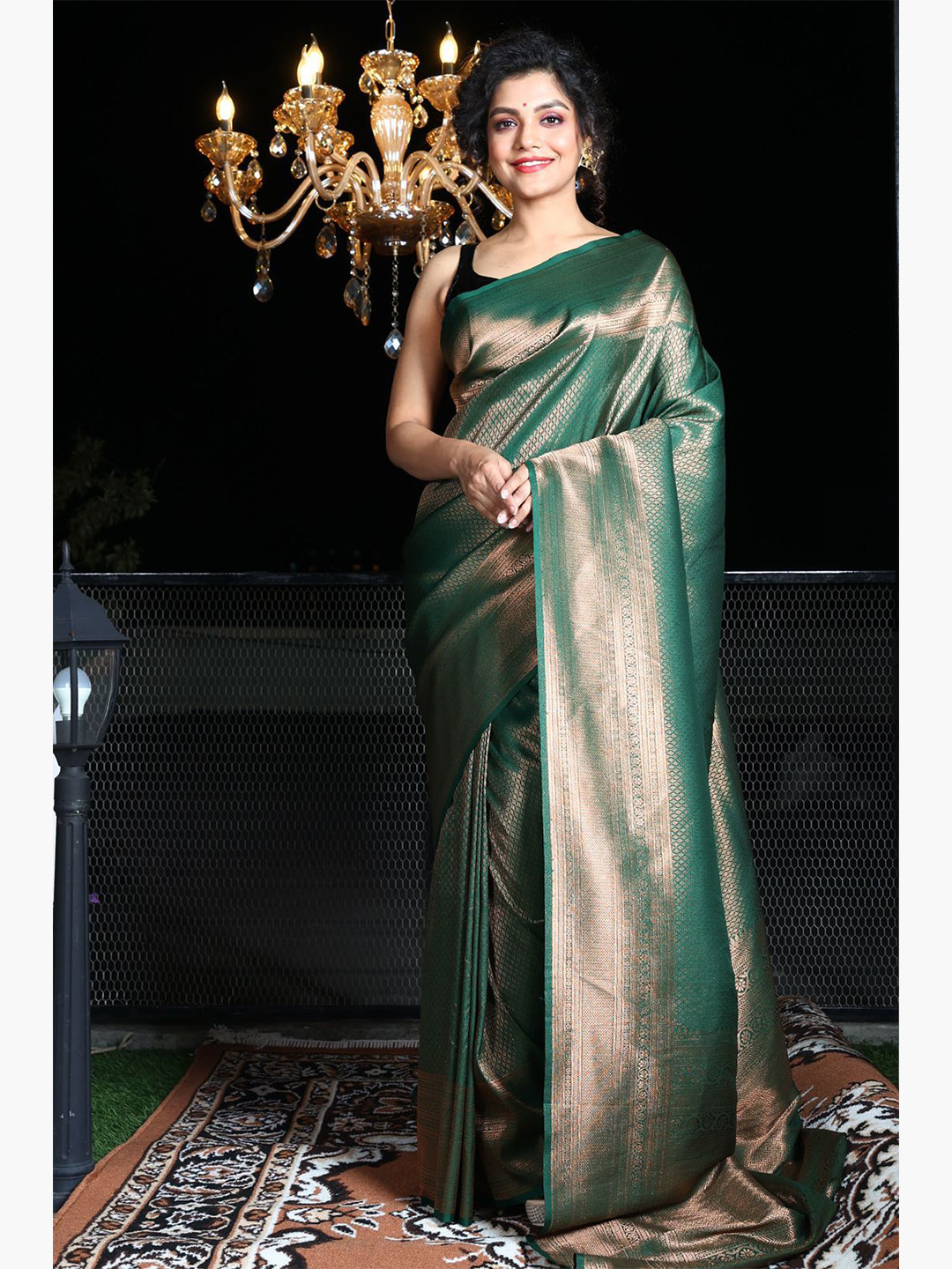 

Charukriti Green & Gold-Toned Woven Design Zari Brocade Saree