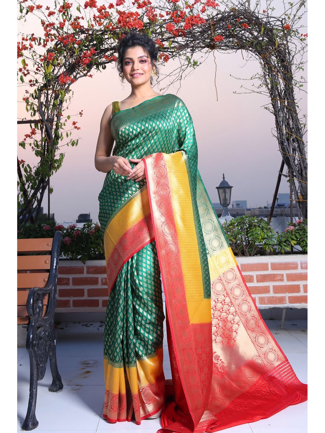 

Charukriti Green & Gold-Toned Woven Design Zari Brocade Saree