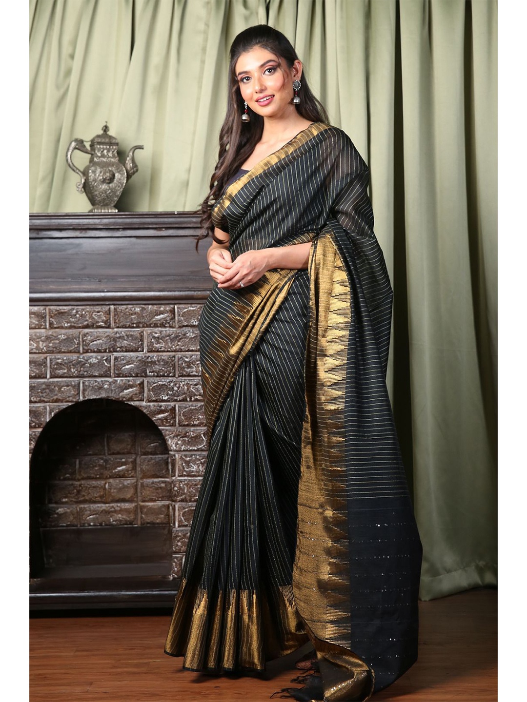 

Charukriti Black & Gold-Toned Woven Design Zari Silk Blend Saree
