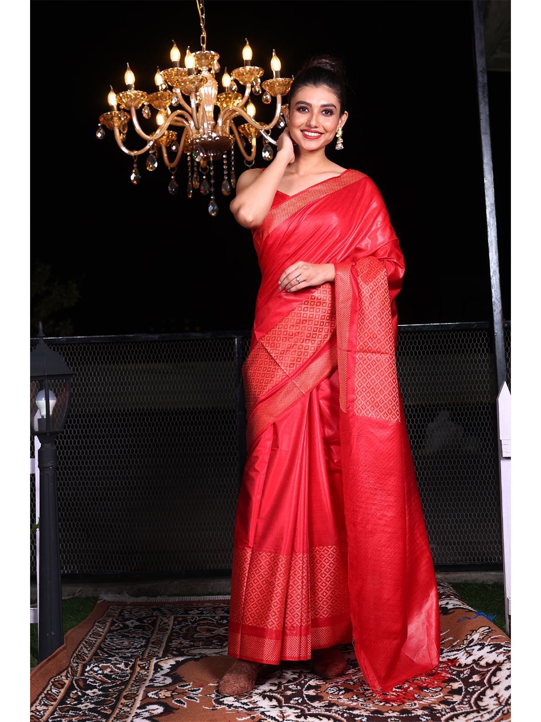 

Charukriti Red & Silver-Toned Woven Design Zari Silk Blend Saree