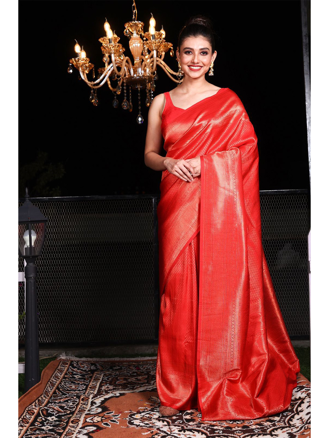 

Charukriti Red & Silver-Toned Woven Design Zari Brocade Saree