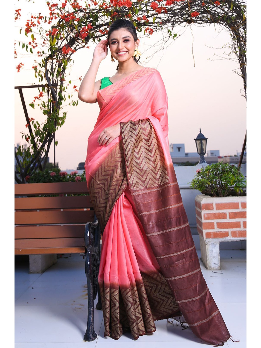 

Charukriti Women Pink & Coffee Brown Woven Design Zari Silk Blend Saree