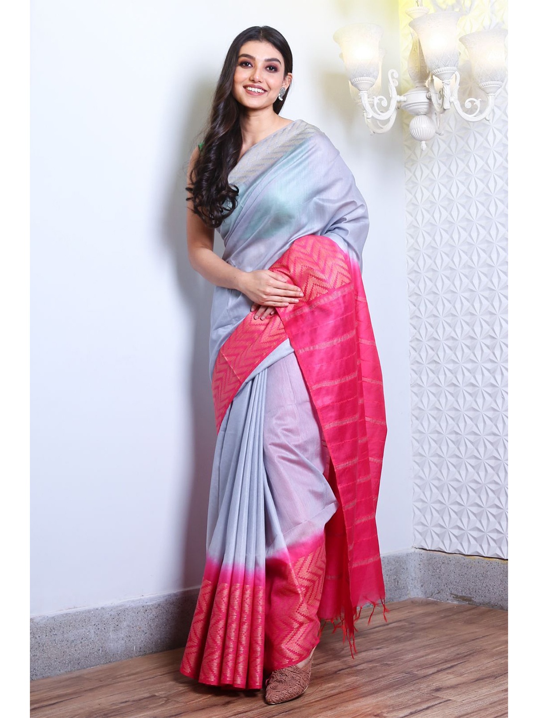 

Charukriti Women Blue & Pink Woven Design Zari Silk Blend Saree