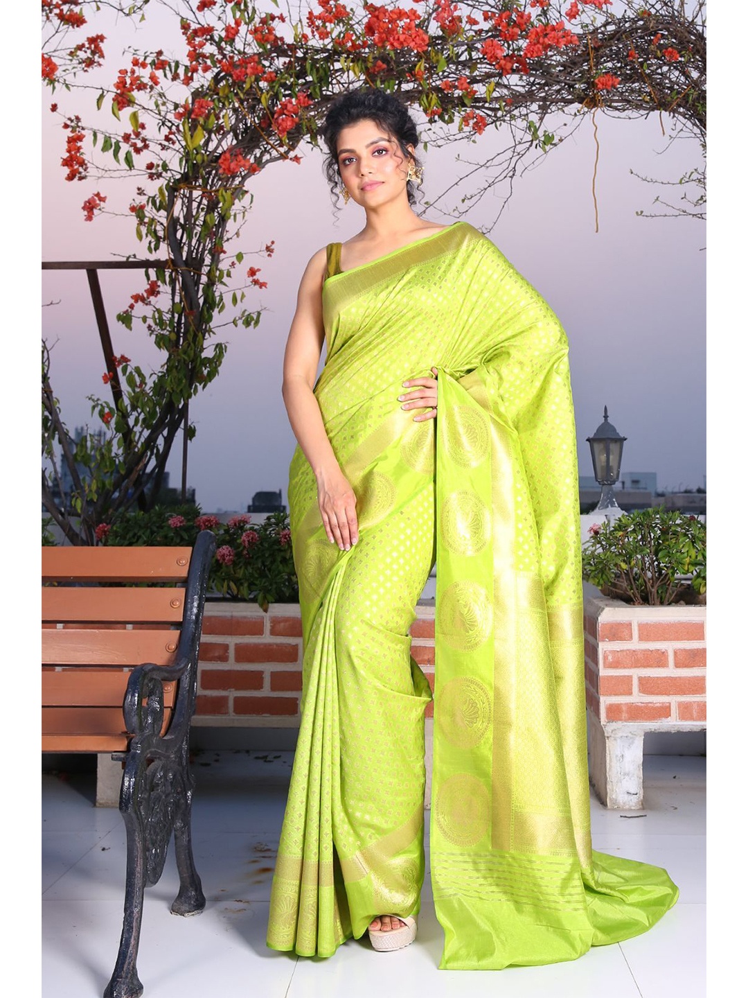 

Charukriti Women Lime Green & Gold-Toned Woven Design Zari Brocade Saree