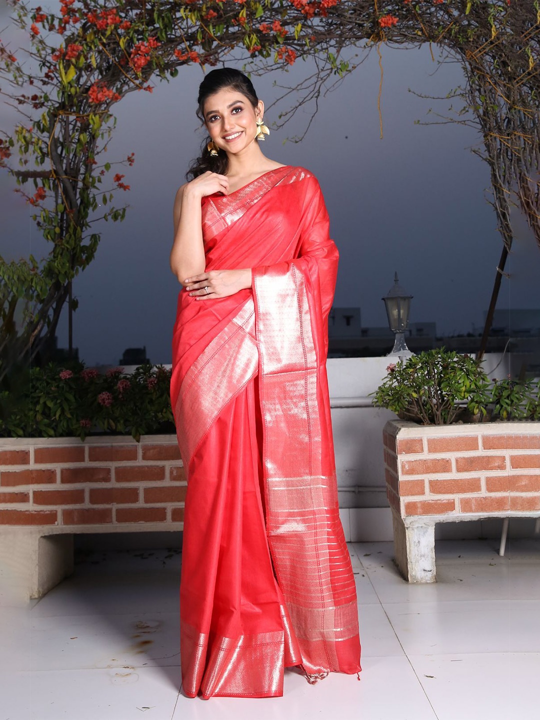 

Charukriti Women Red & Silver-Toned Woven Design Zari Saree