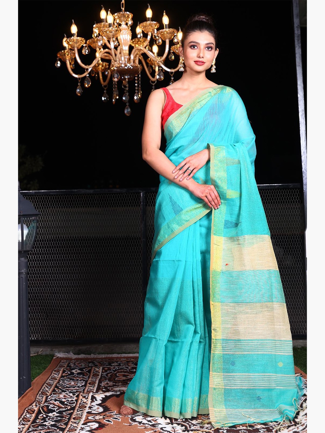 

Charukriti Women Blue & Gold-Toned Woven Design Zari Saree