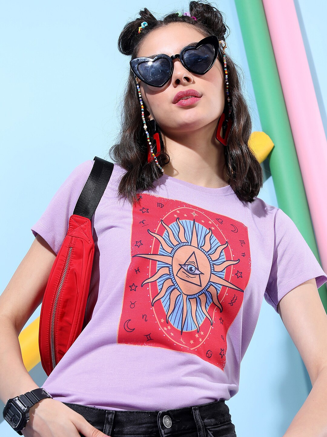 

Tokyo Talkies Women Purple Typography Printed V-Neck Extended Sleeves Raw Edge Slim Fit T-shirt