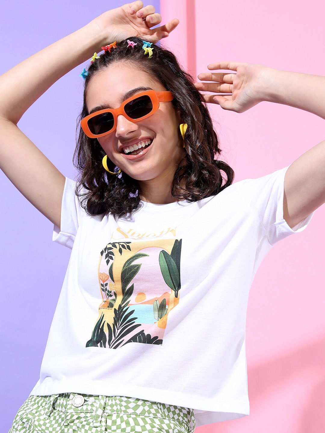 

Tokyo Talkies Women White Floral Printed Extended Sleeves Applique Slim Fit T-shirt