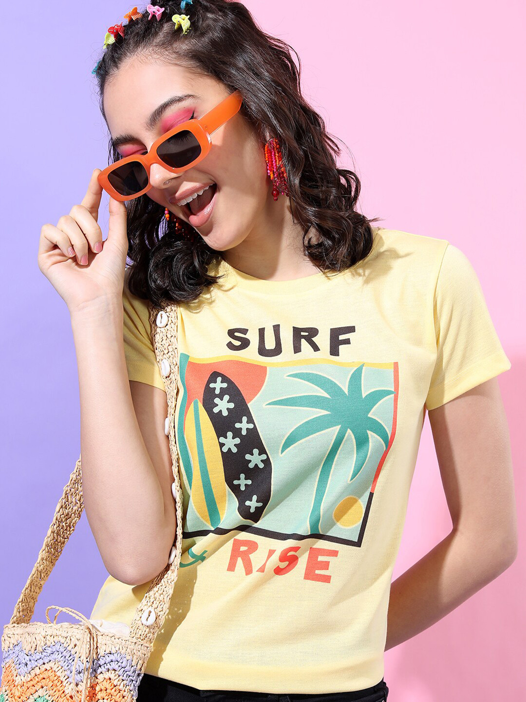 

Tokyo Talkies Women Yellow Printed Extended Sleeves Slim Fit T-shirt