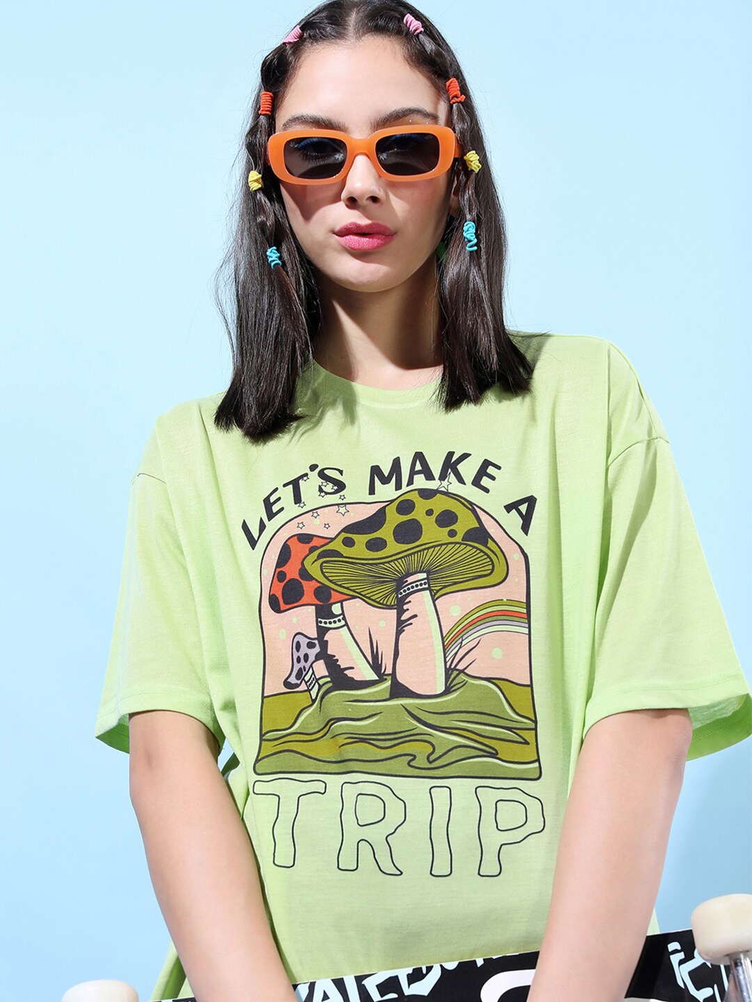 

Tokyo Talkies Women Printed Oversized T-shirt, Green