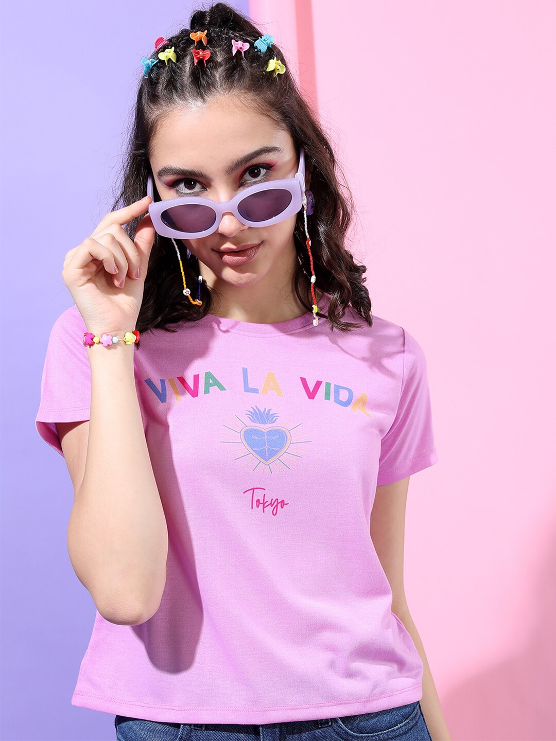 

Tokyo Talkies Women Pink Printed Slim Fit T-shirt