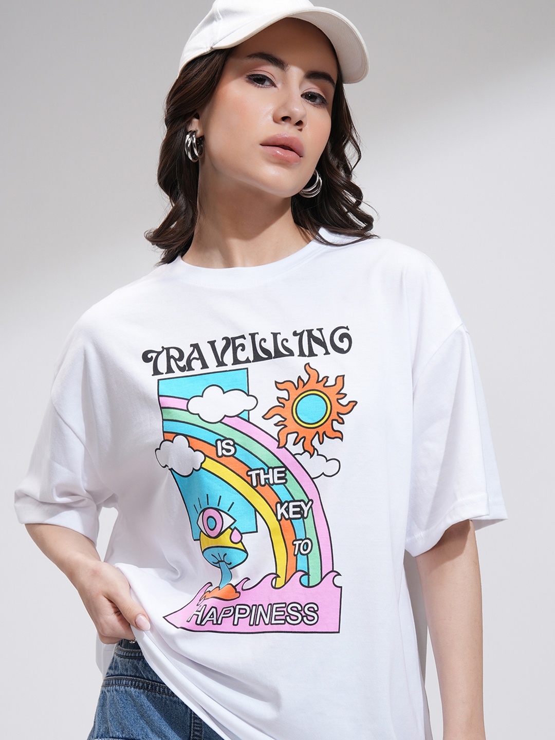 

Tokyo Talkies Women Printed Oversized T-shirt, White
