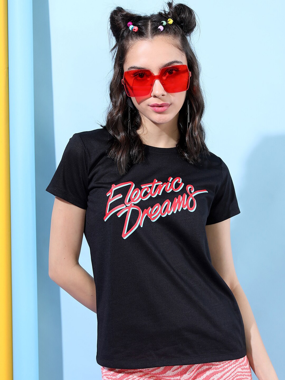 Tokyo Talkies Women Black Typography Printed Slim Fit T-shirt