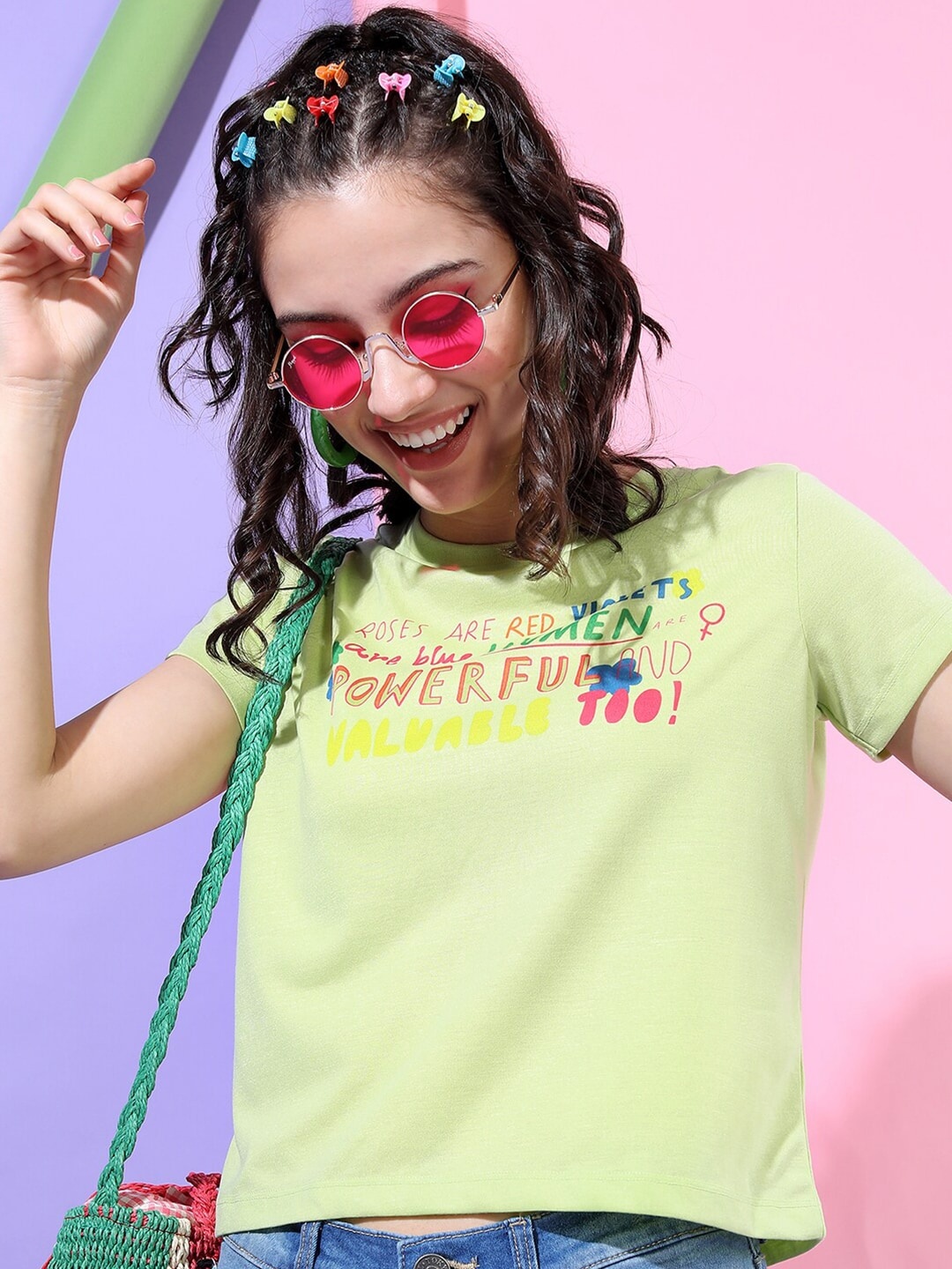 

Tokyo Talkies Women Green Typography Printed Slim Fit T-shirt
