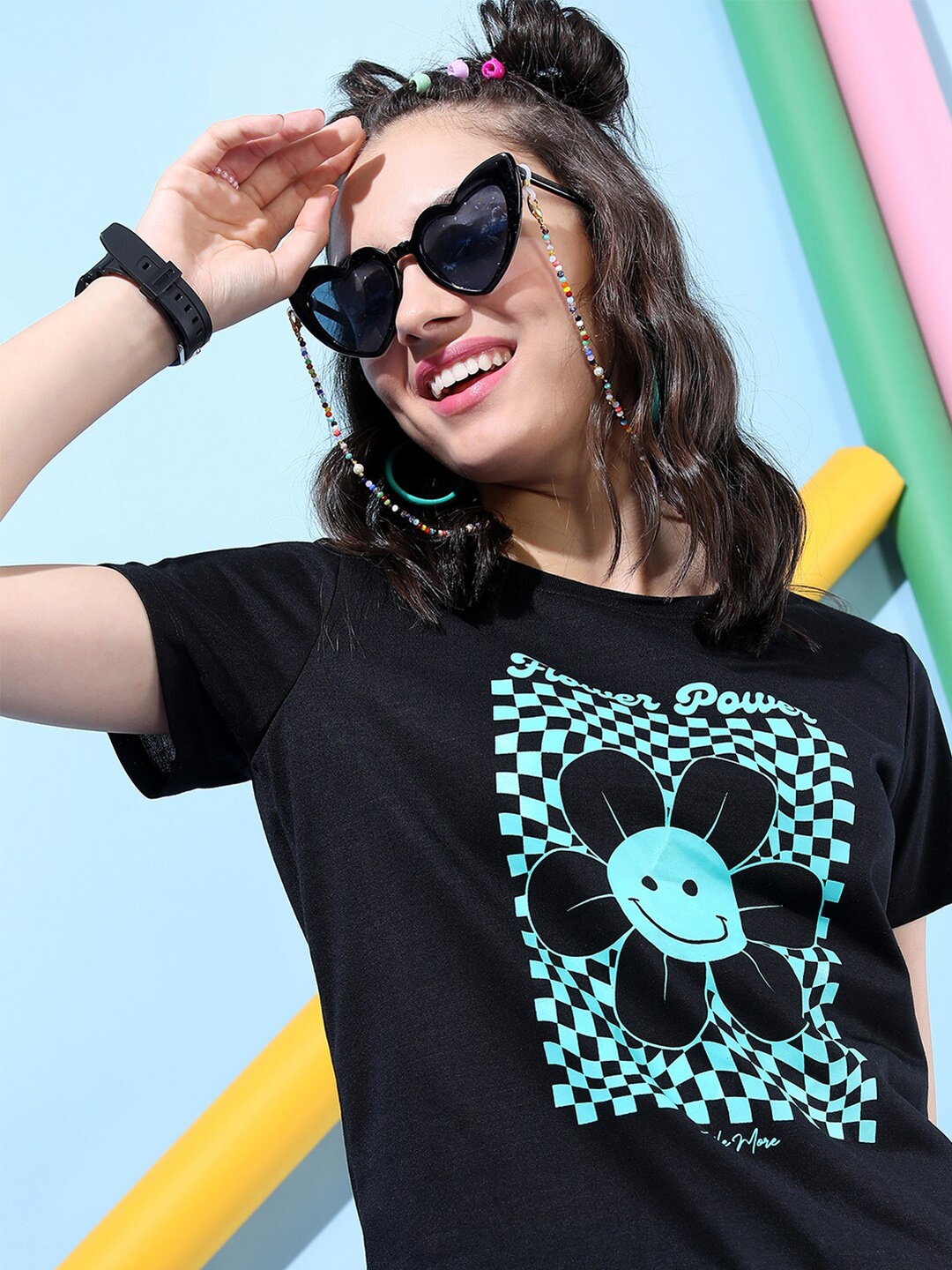 

Tokyo Talkies Women Black Printed High Neck Slim Fit T-shirt