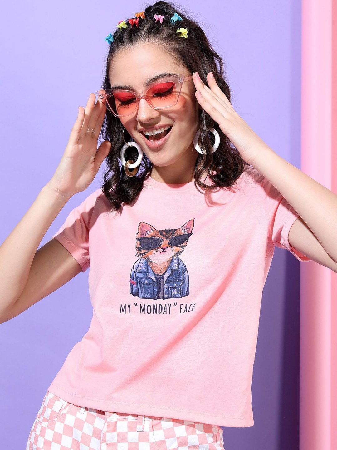 

Tokyo Talkies Women Pink Printed Extended Sleeves Slim Fit T-shirt